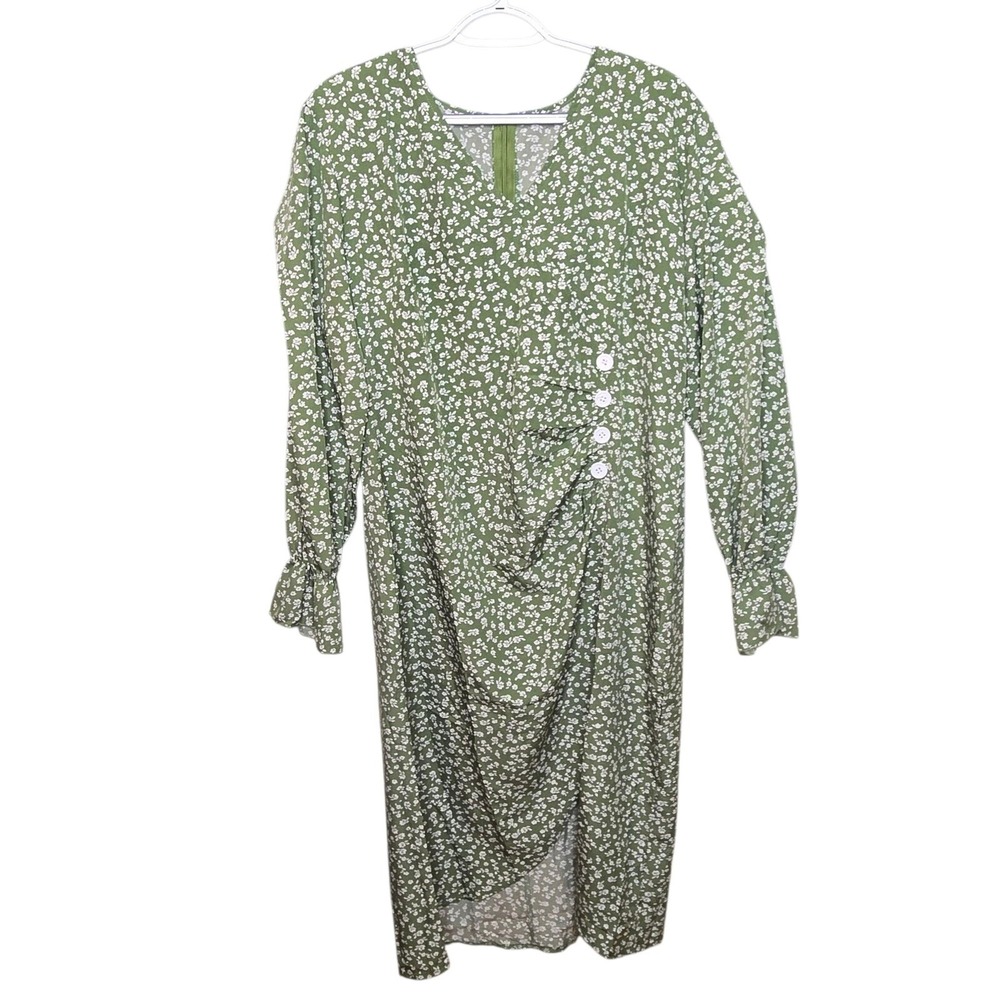 Floral‎ Midi Dress Long Sleeve Button Front Green Boho Cottagecore 2XL